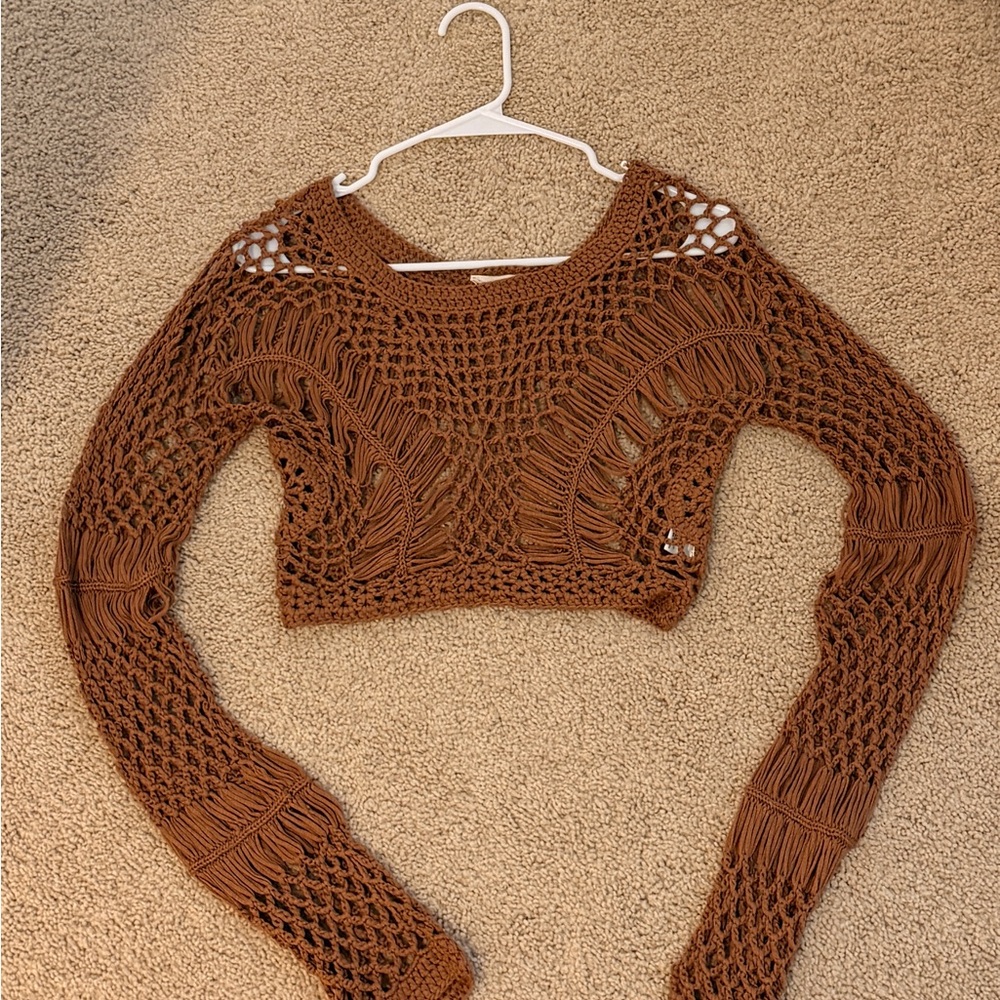 Brown Crochet Long Sleeve Crop Top